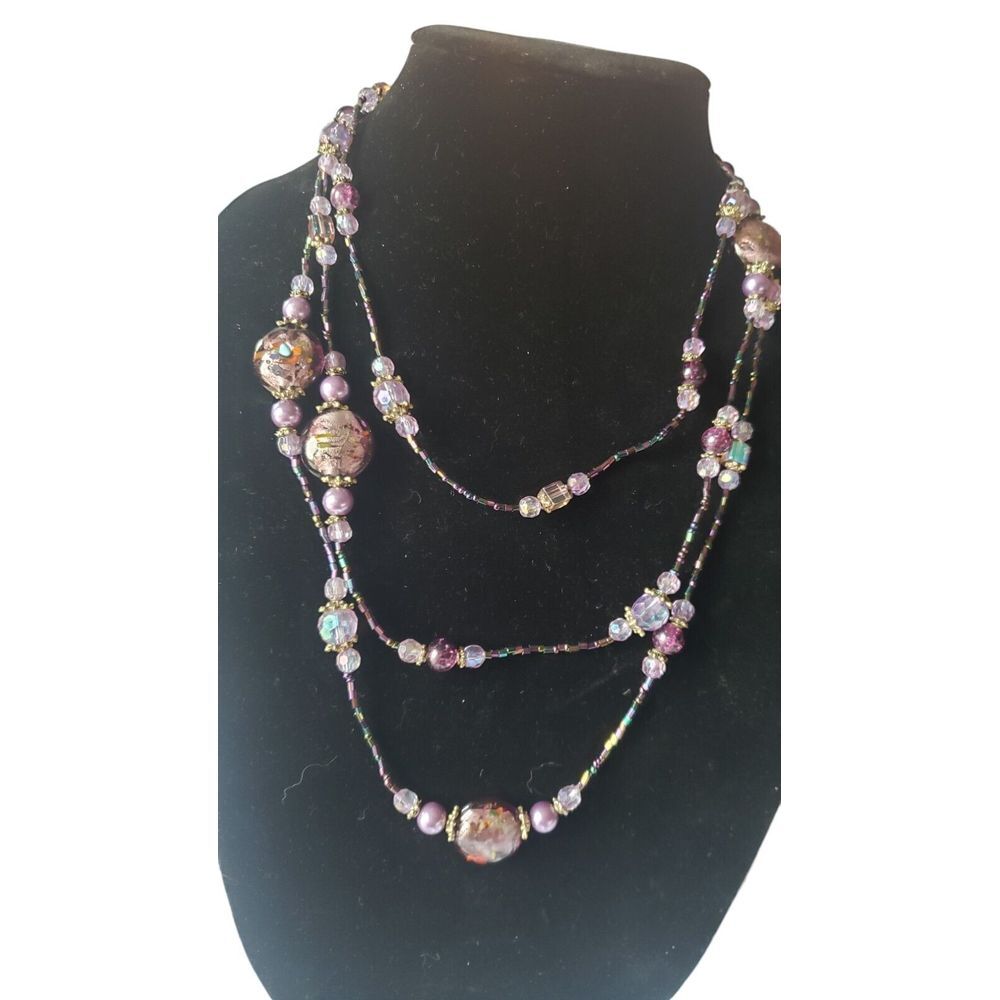 Handmade with Glass lampwork pink & gold tone beads swarovski 33 inch necklace